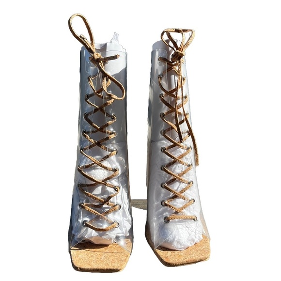 CAPE ROBBIN Dressy CLEAR Cork Square Peep Toe Ankle Block Lace Up BOOTIE Sz 6.5 - Picture 2 of 12